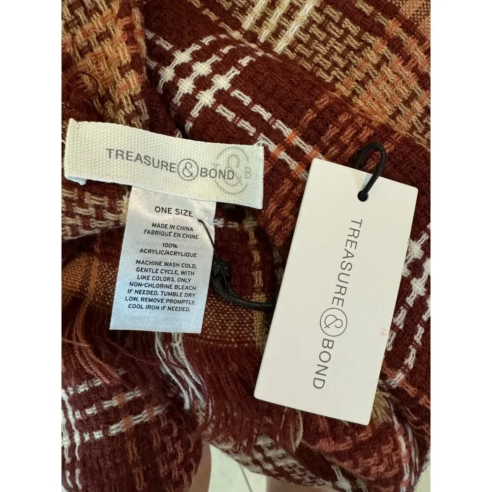 NWT Treasure & Bond Square Maroon Red & Brown Plaid Fringed Blanket Scarf OS